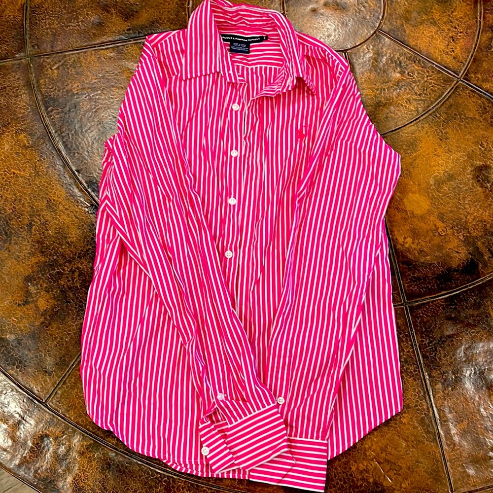 Women’s pink with white stripe Ralph Lauren button up long sleeve top